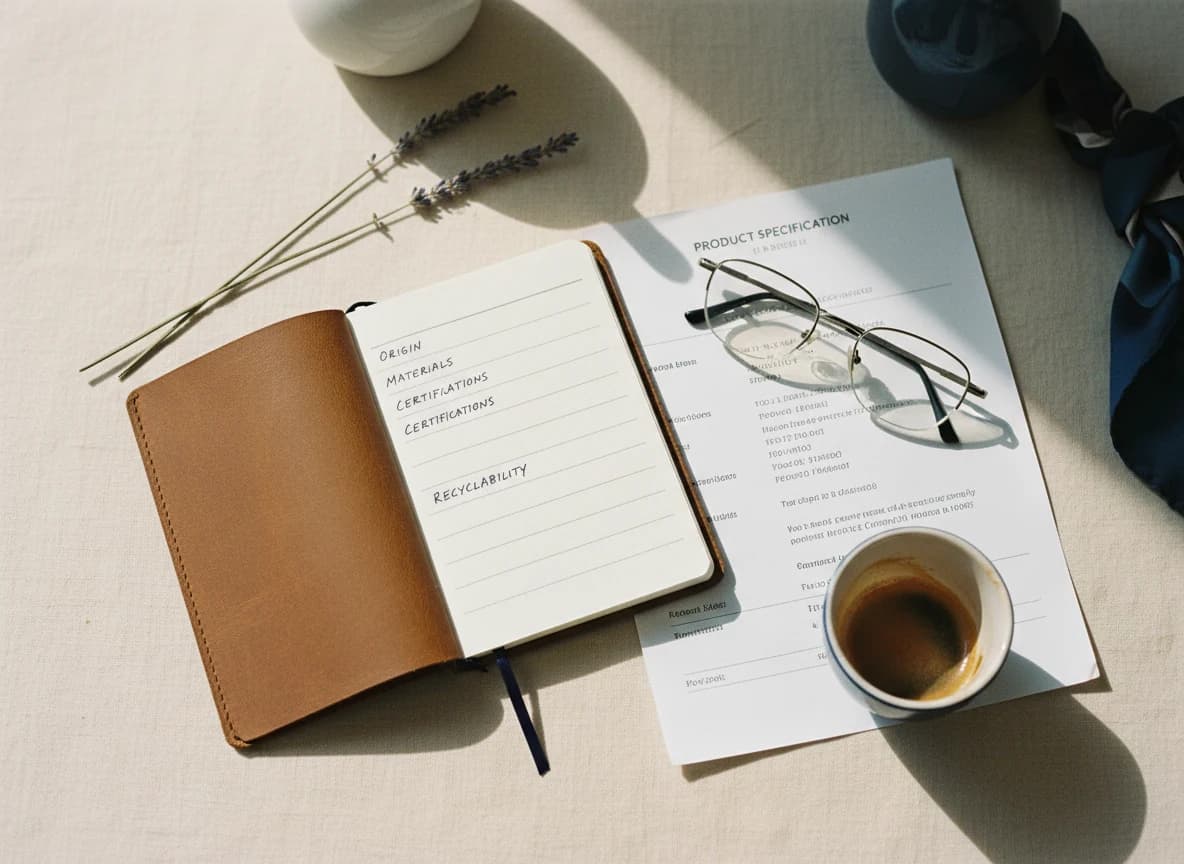 A leather-bound notebook with handwritten DPP field labels next to a printed product spec sheet