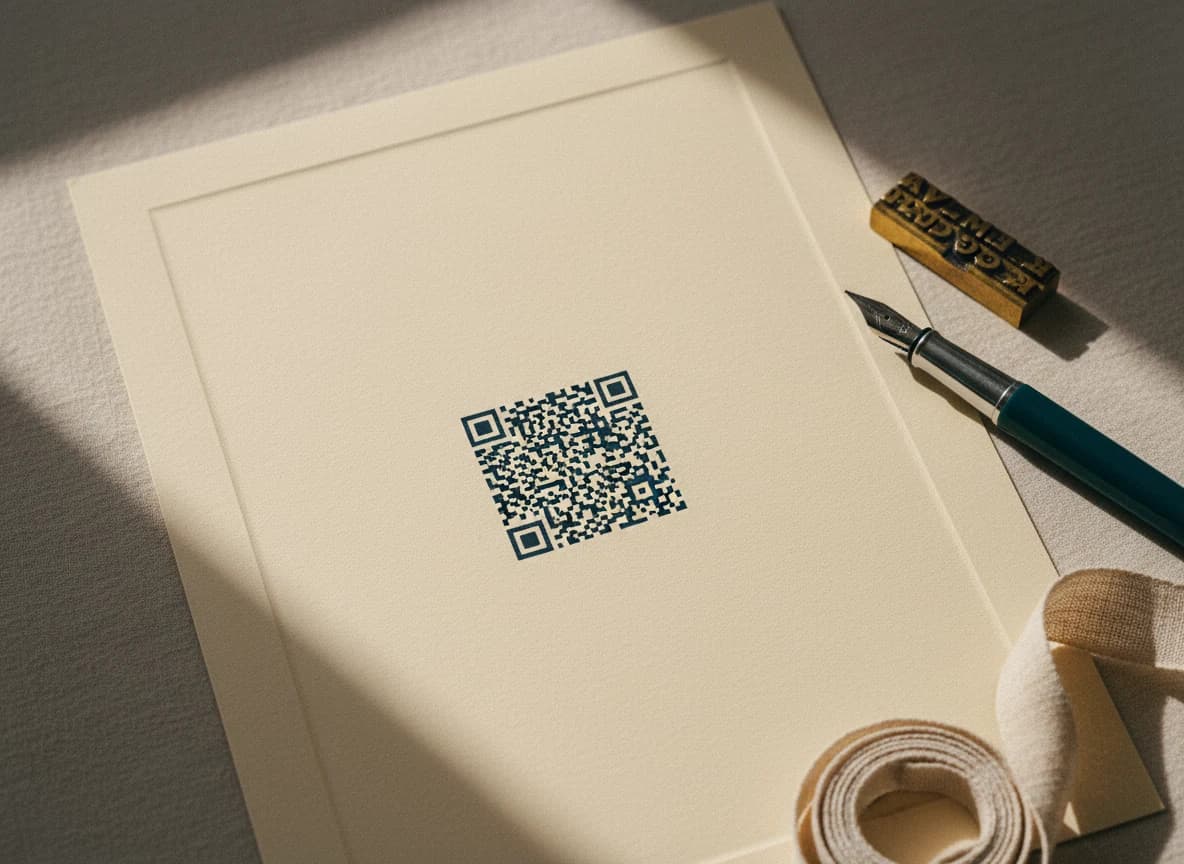 A printed 2D barcode square on cream paper next to a vintage typesetters slug and fountain pen