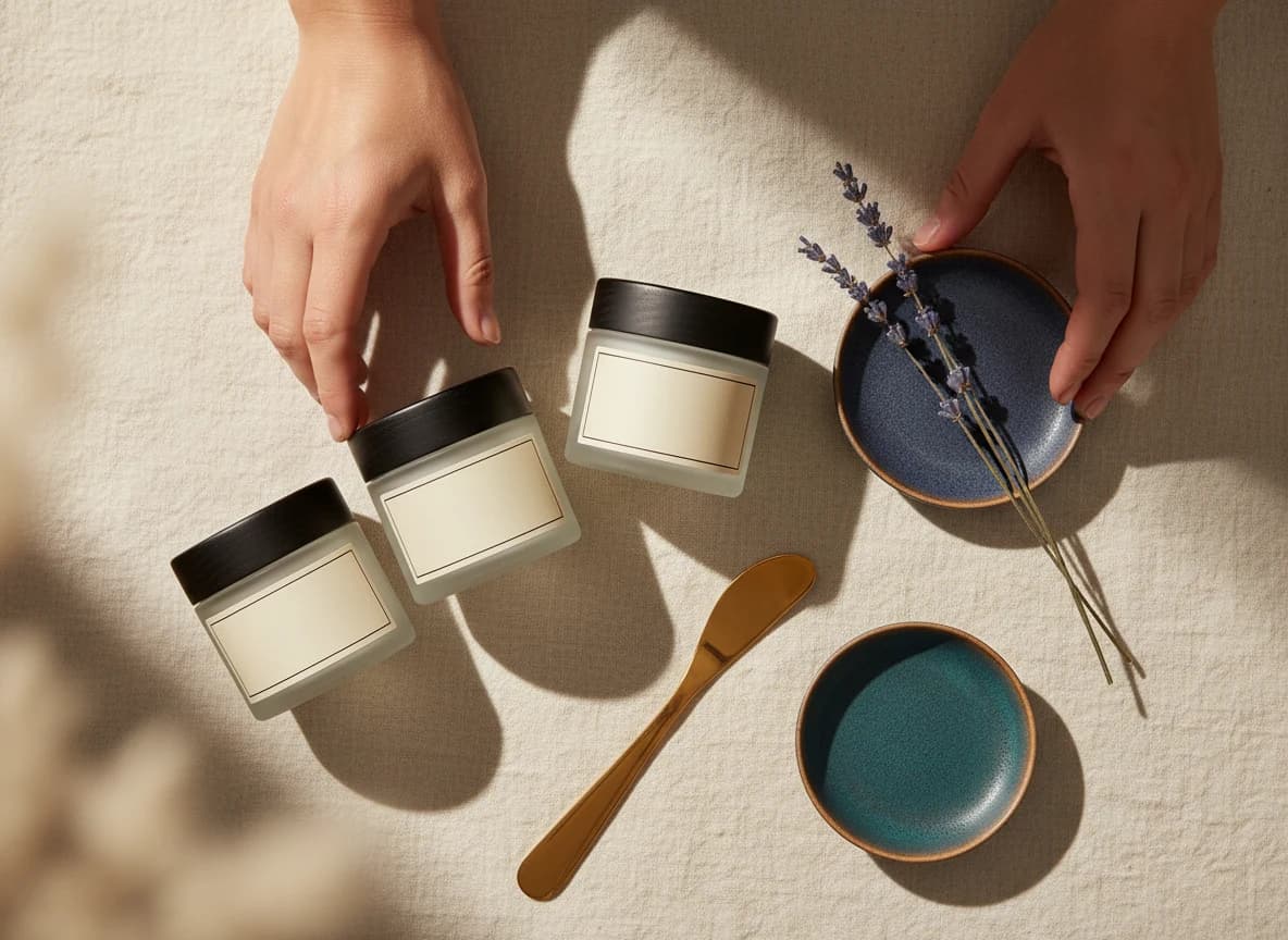 Frosted glass cosmetic jars with black wooden lids on cream linen with dried lavender