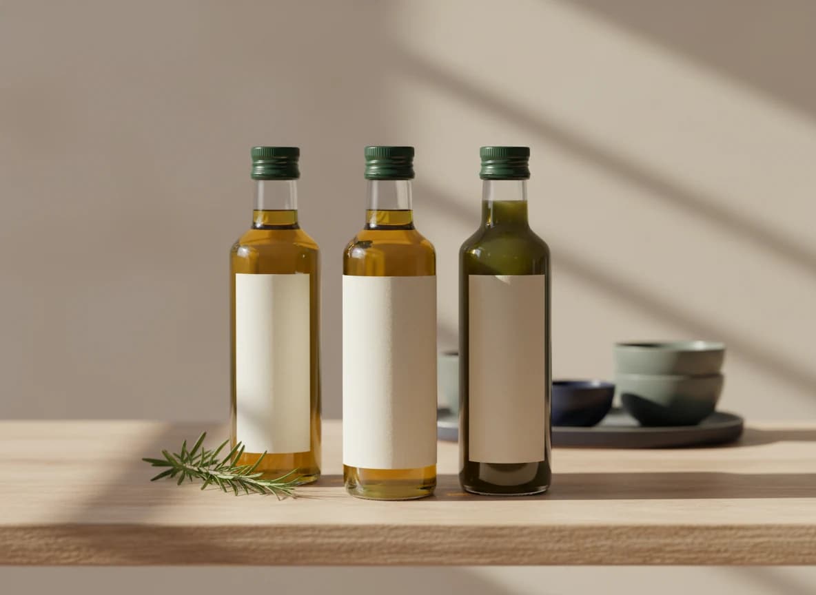 Bottles of olive oil and cold-pressed juice on a wooden grocery shelf in golden light