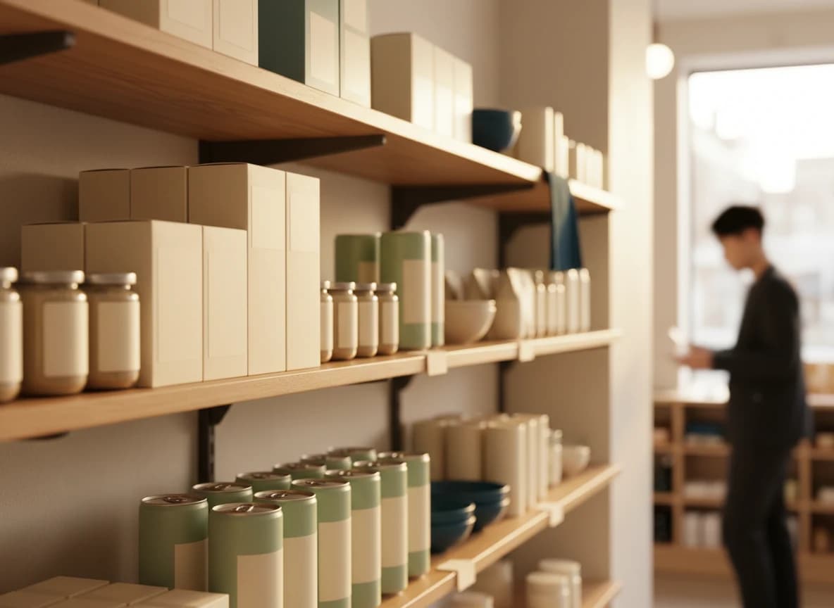 Modern grocery aisle with packaged products on warm wooden shelves at golden hour