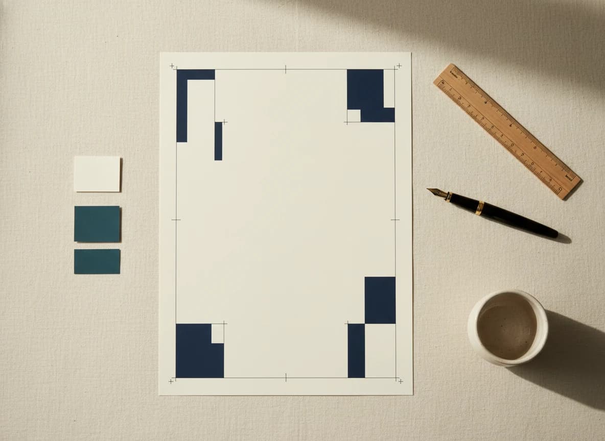 Designer's flat lay with packaging proof sheet, fountain pen and printer swatches