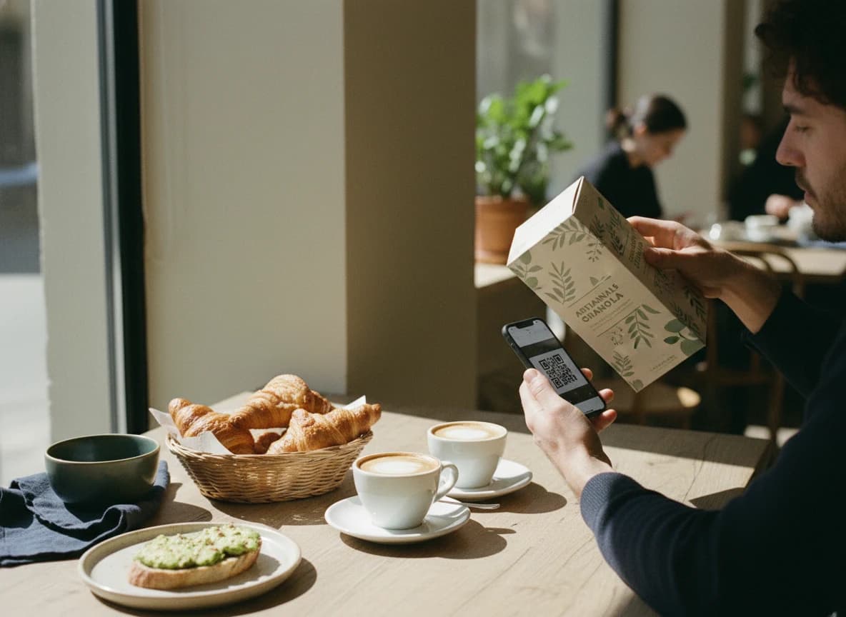 A relaxed cafe scene with a hand scanning a granola box