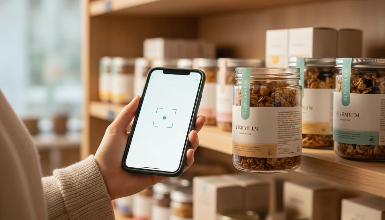 Hand holding phone scanning QR code on premium granola jar, Digital Product Passport in action