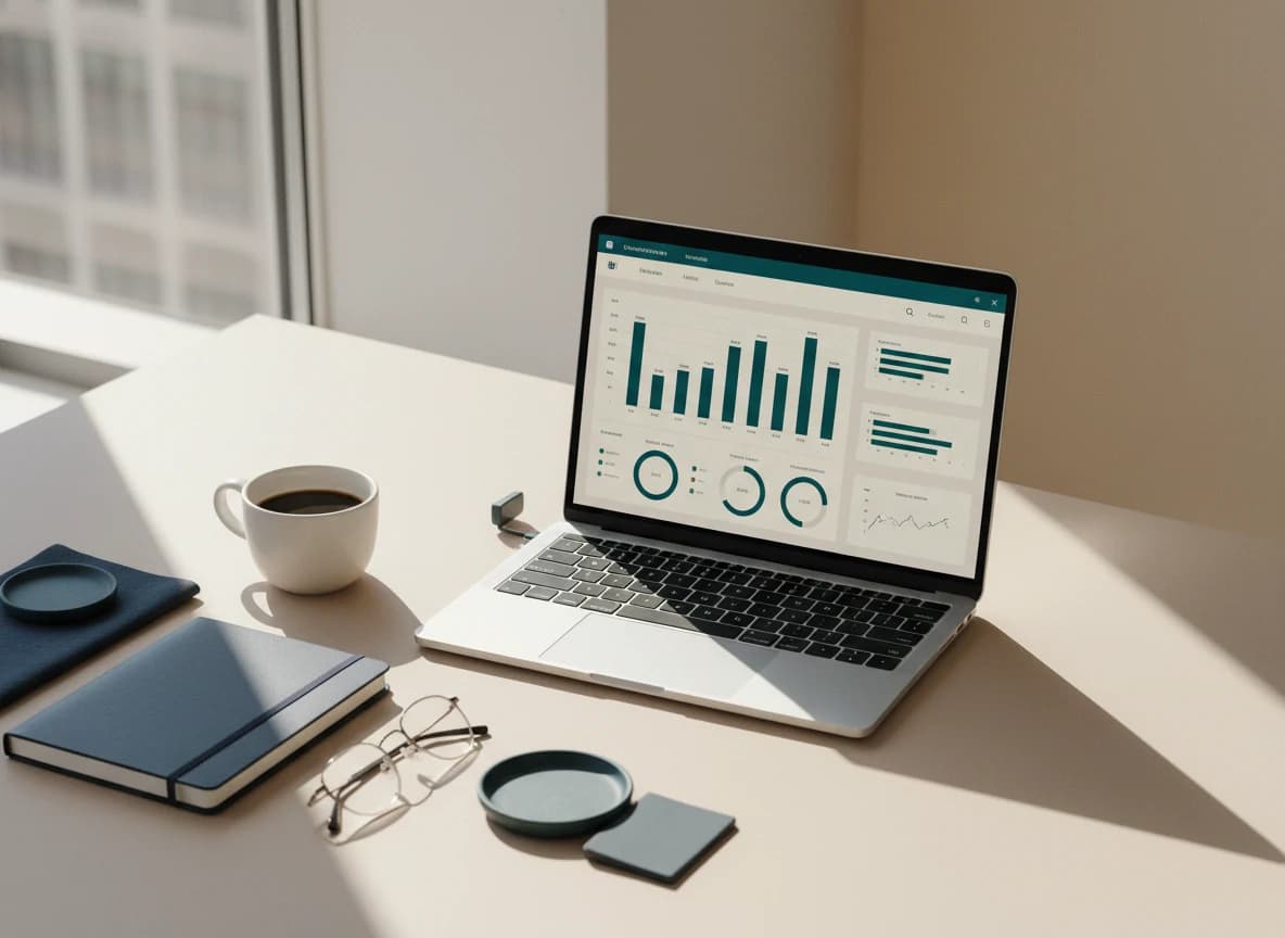 Open laptop on a sunlit desk showing a scan analytics dashboard with bar charts