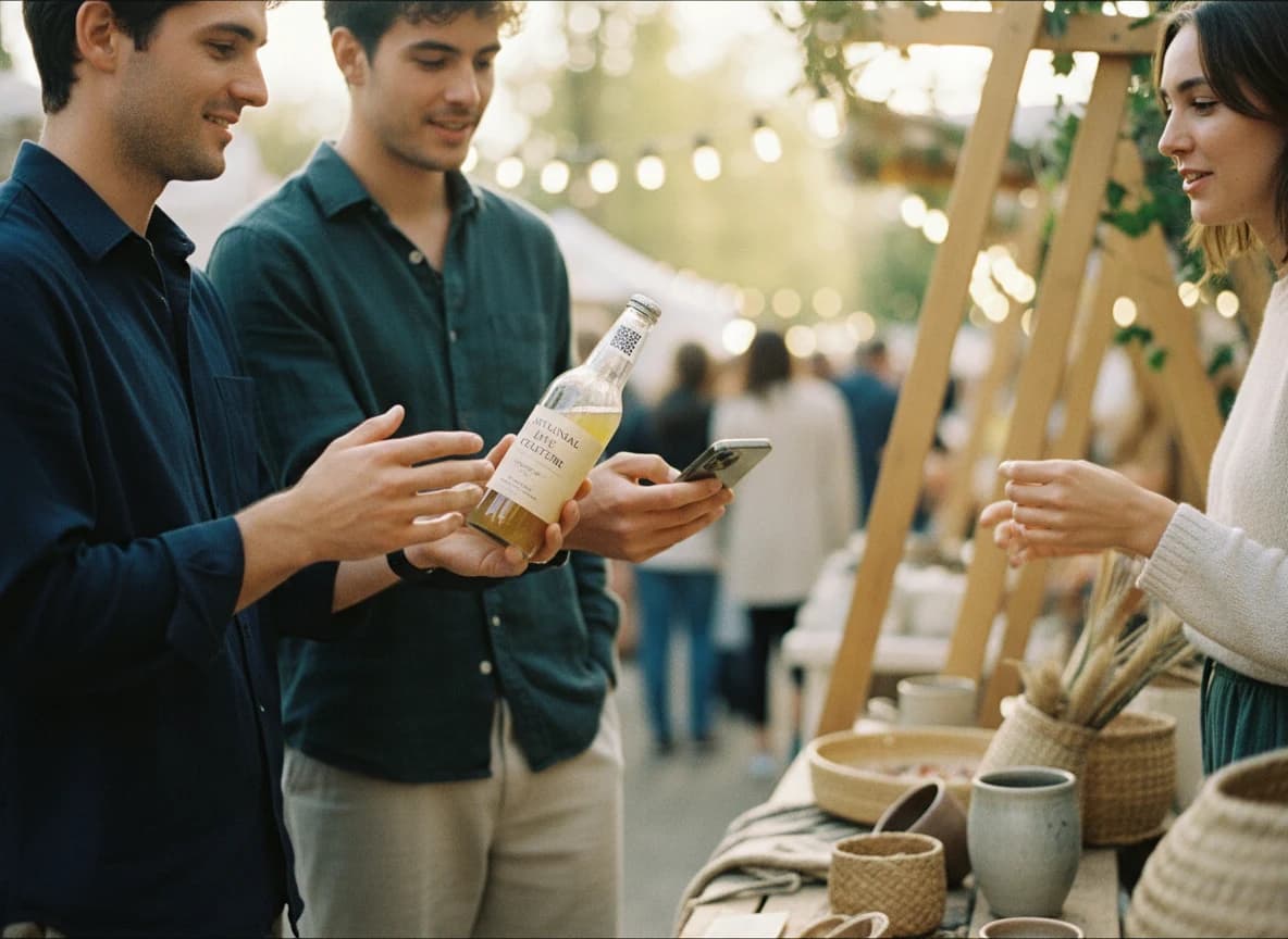 Friends at an outdoor weekend market scanning a kombucha bottle with a phone