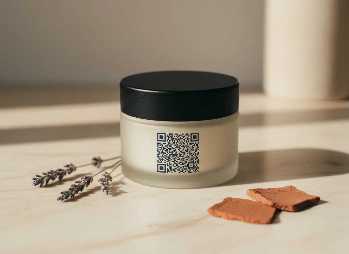 Premium cosmetic jar with a real 2D barcode label on cream marble