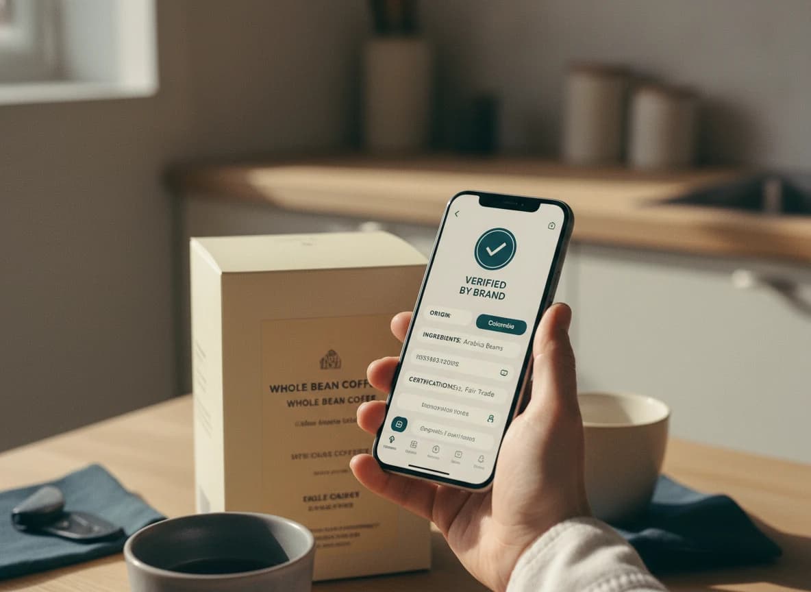 Hand holding a phone showing a verified-by-brand passport