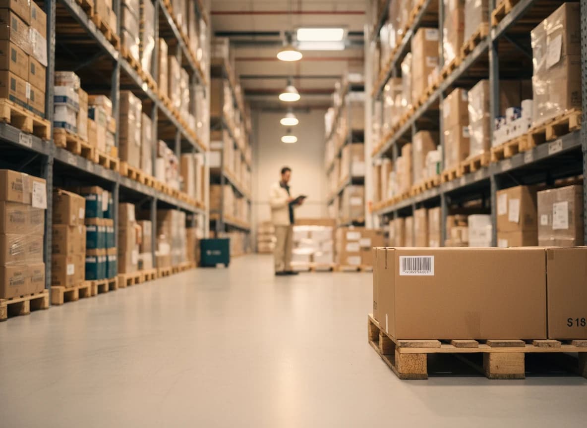 Modern food logistics warehouse with a barcoded shipping box on a wooden pallet