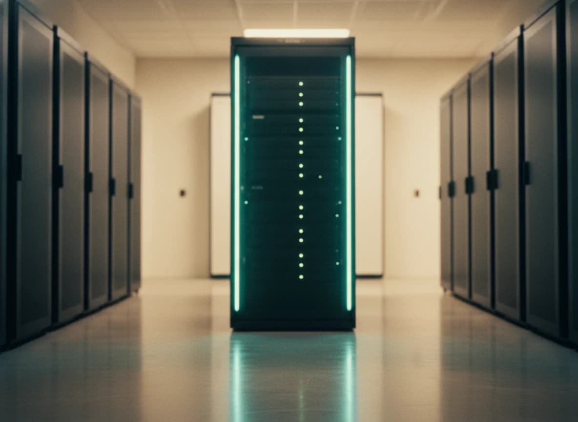 Quiet data center aisle with a single server rack glowing teal