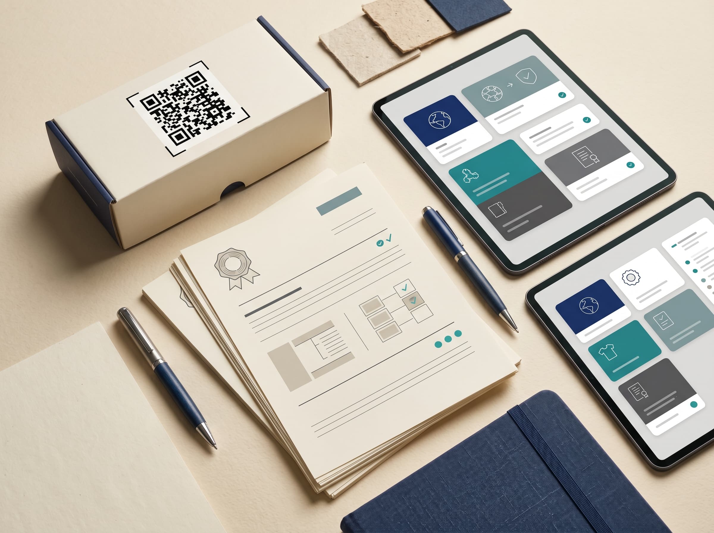 Digital Product Passport compliance desk with QR-labelled packaging and evidence documents