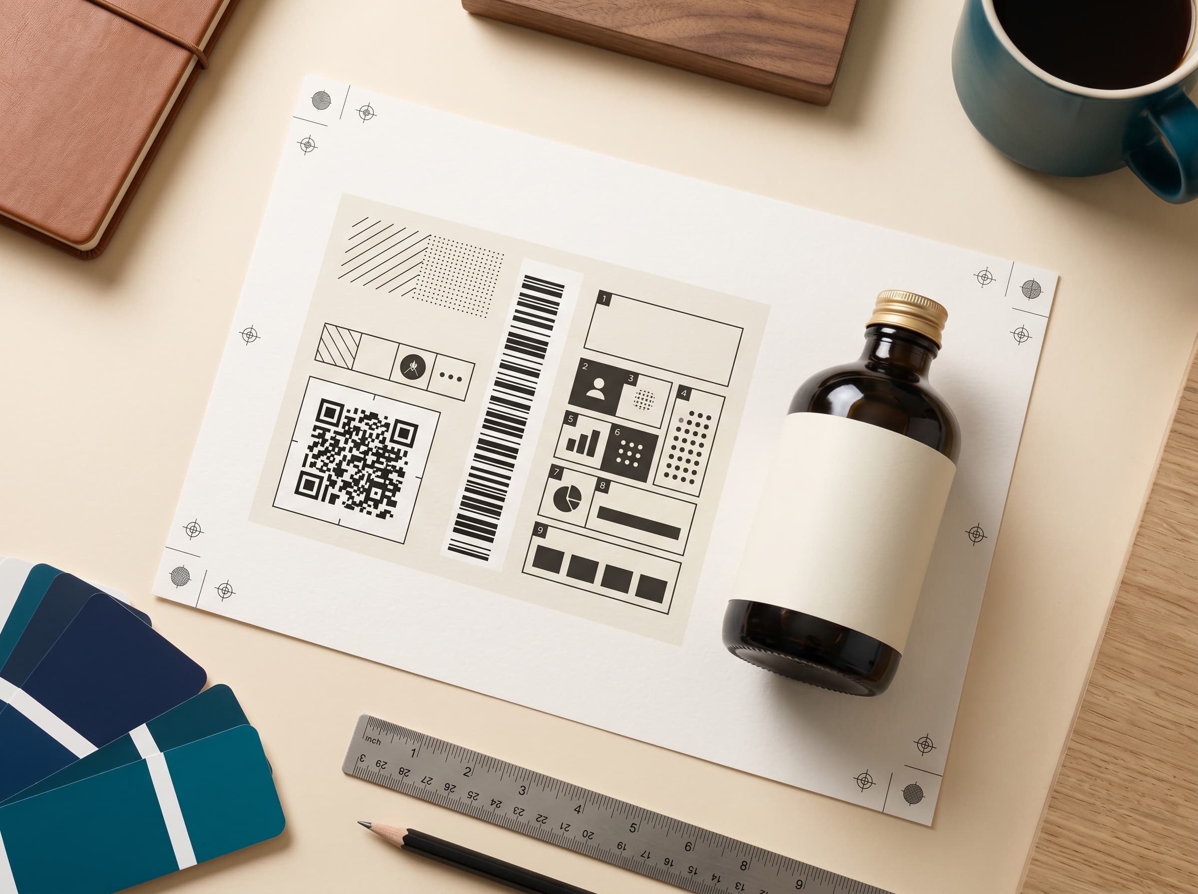 Packaging artwork workflow showing product identity review and a QR code label proof