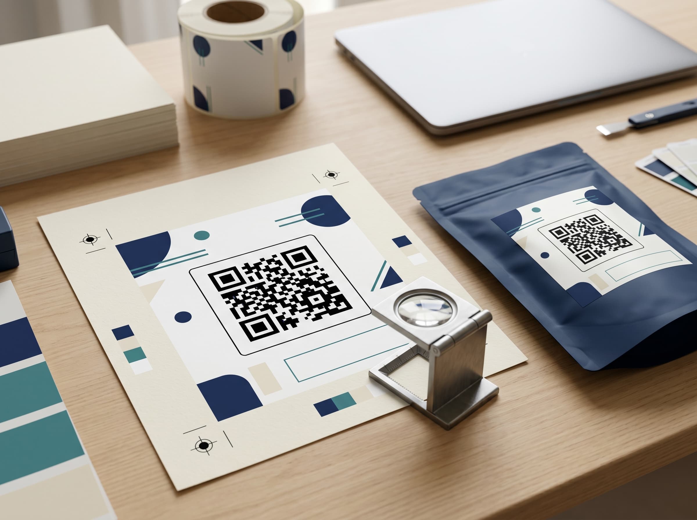 Print-ready QR code artwork proof with prepress tools and unbranded packaging