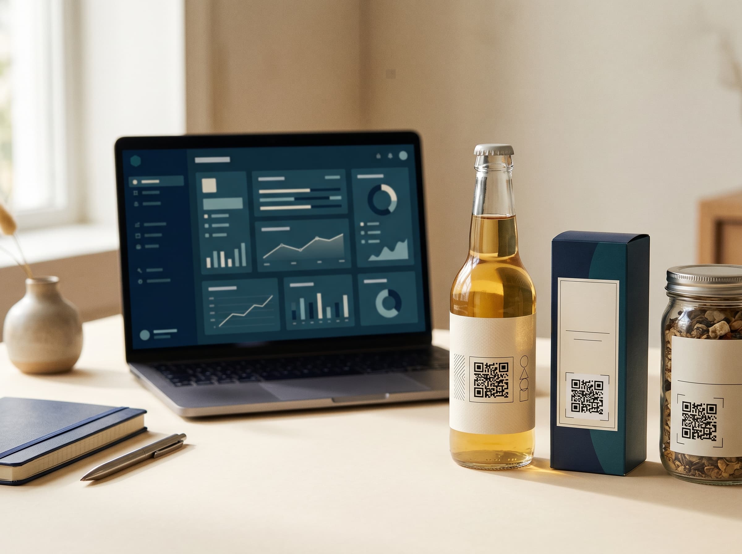 Premium consumer product packaging with QR codes beside a clean product management workspace