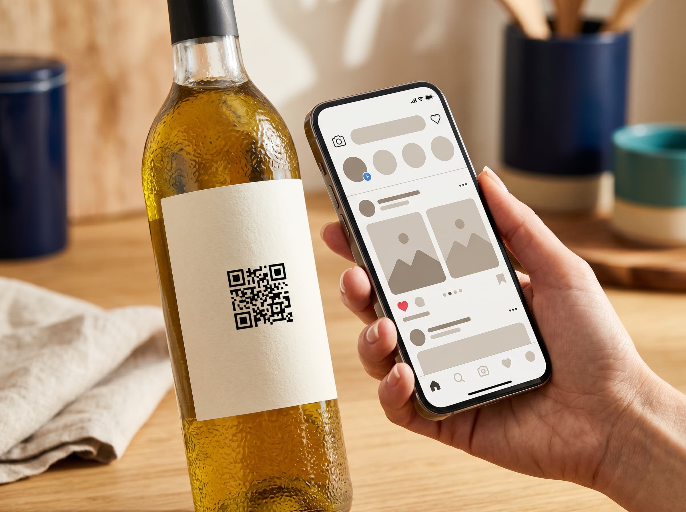 Phone opening a clean mobile product page beside premium packaging with a QR code