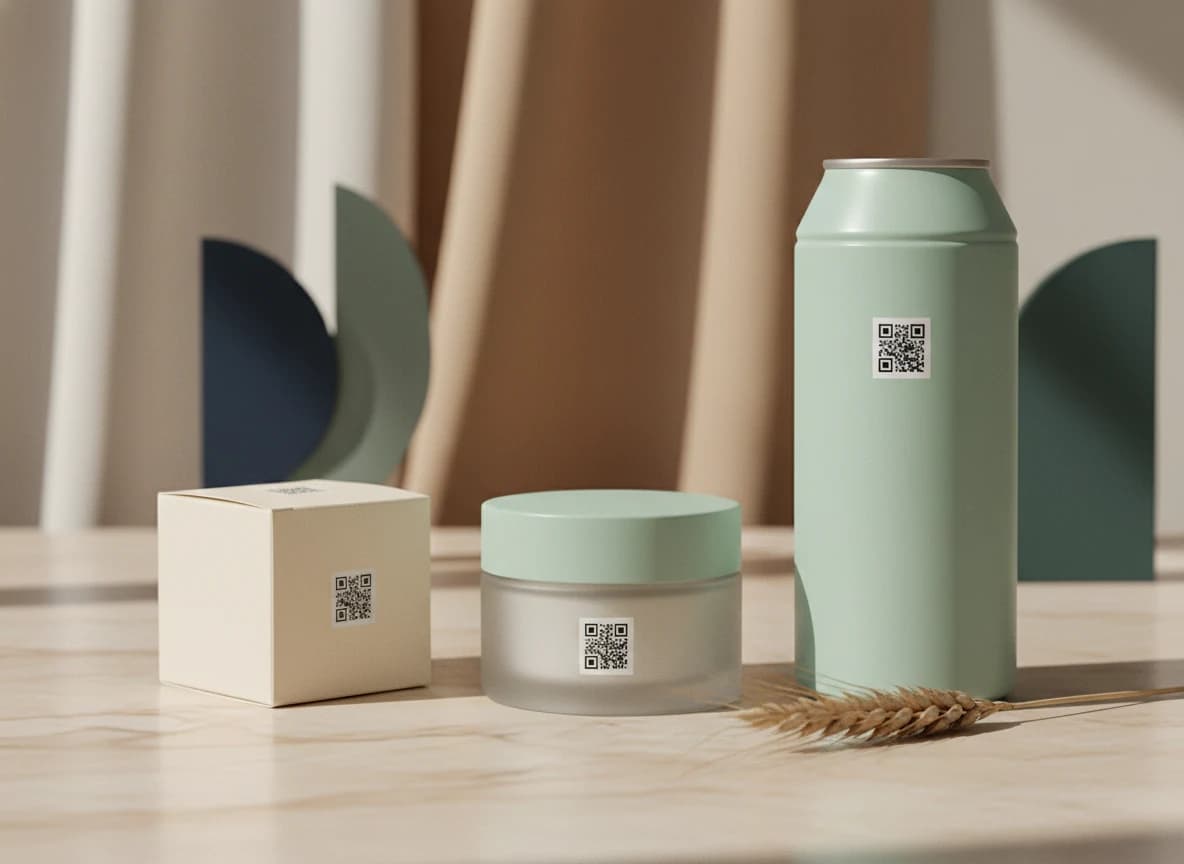Three premium product packaging mockups with 2D barcodes on a cream marble counter