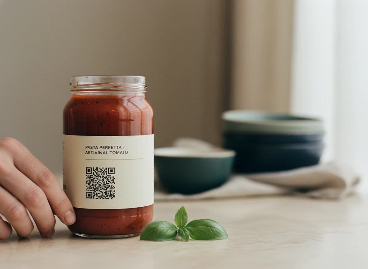 Premium pasta sauce jar with a printed 2D barcode label on a cream marble counter
