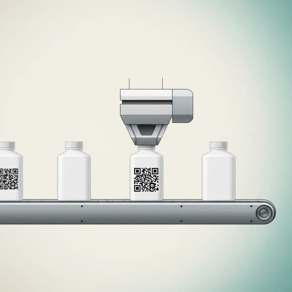 Industrial inkjet printer head spraying unique GS1 Digital Link QR codes onto white packaging bottles on a factory conveyor line