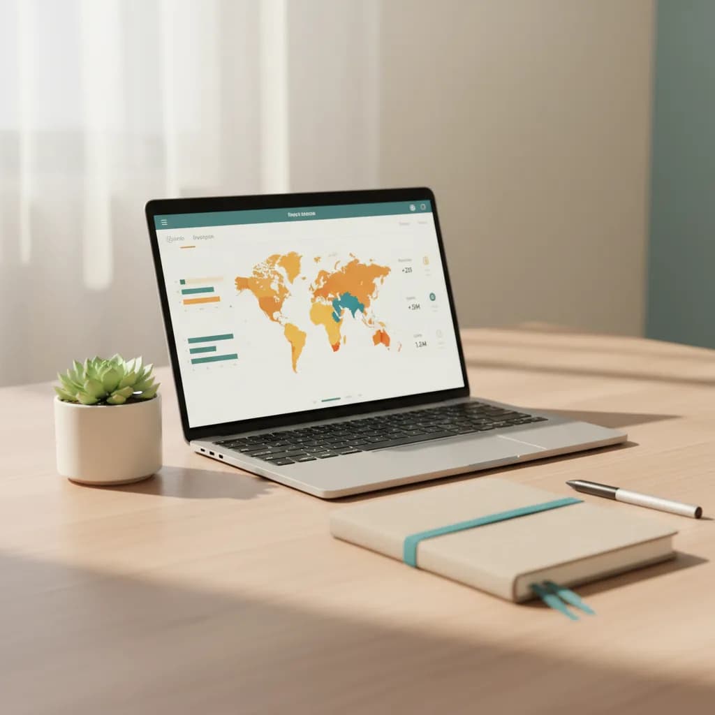 Laptop on a sunlit desk showing a scan analytics dashboard with bar charts