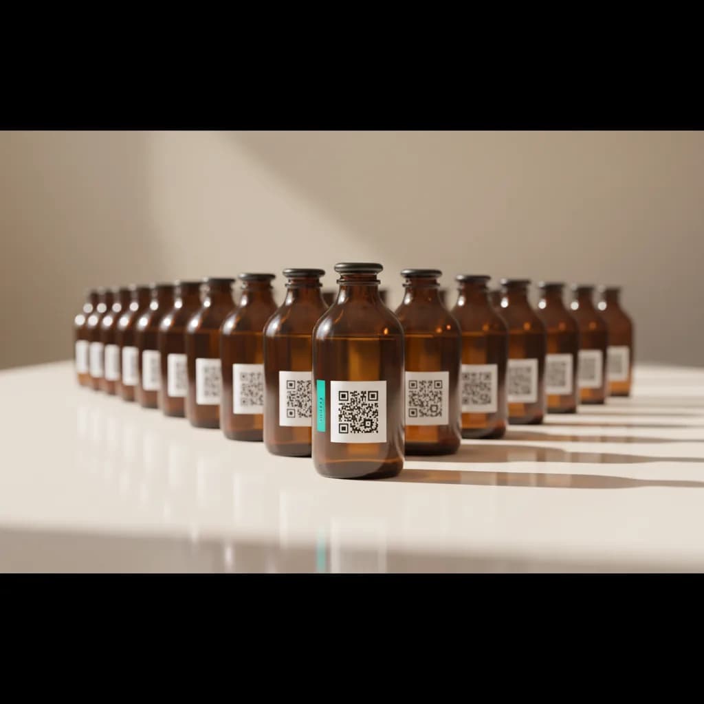 Row of identical amber glass bottles each with a unique GS1 Digital Link QR code label