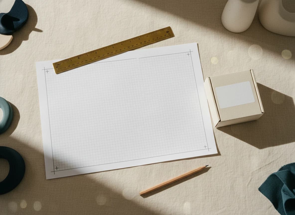 Flat lay of a packaging spec sheet with a blank cream cardboard mockup, brass ruler and pencil