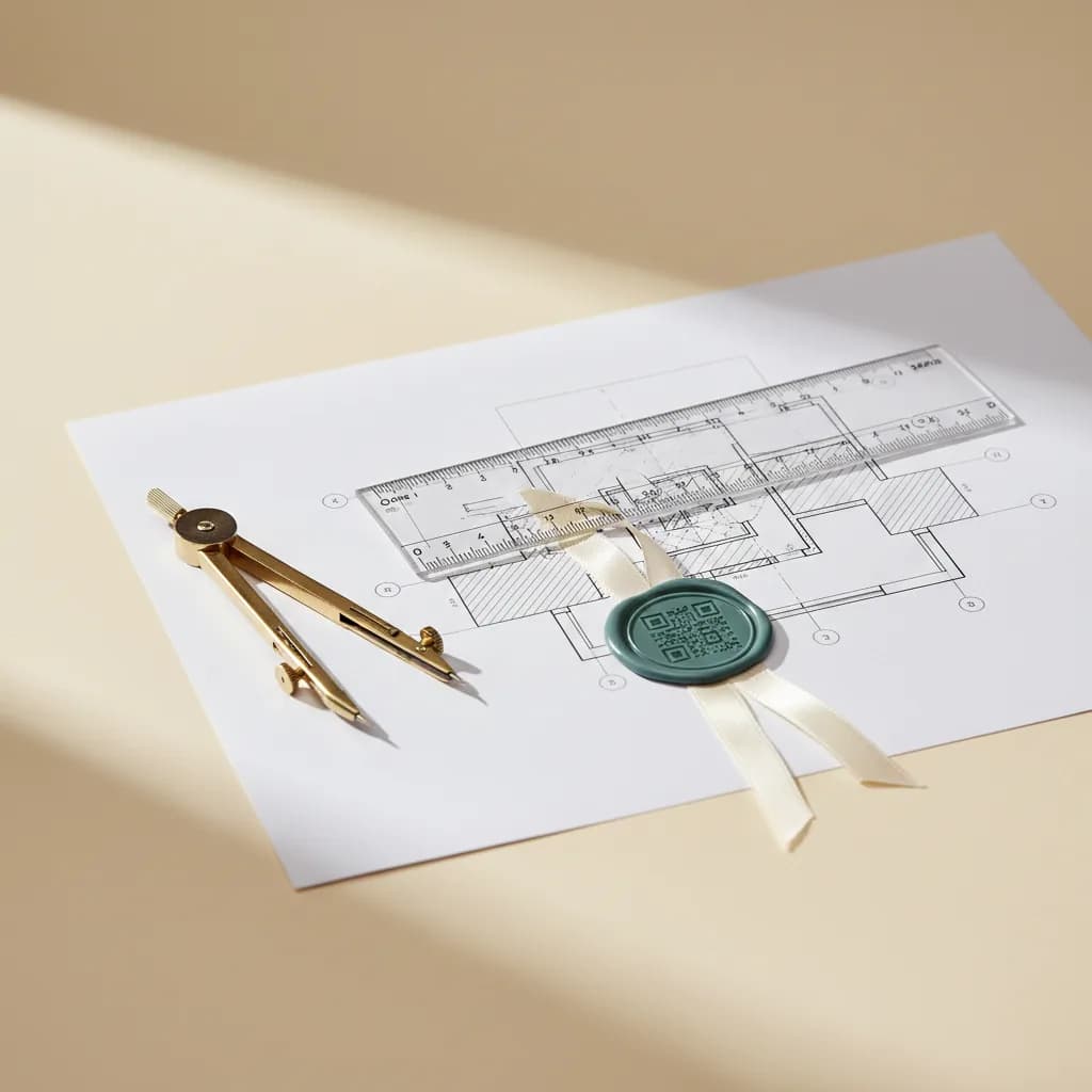 Designer's flat lay with sketchbook, brass ruler, pencil and reference cards