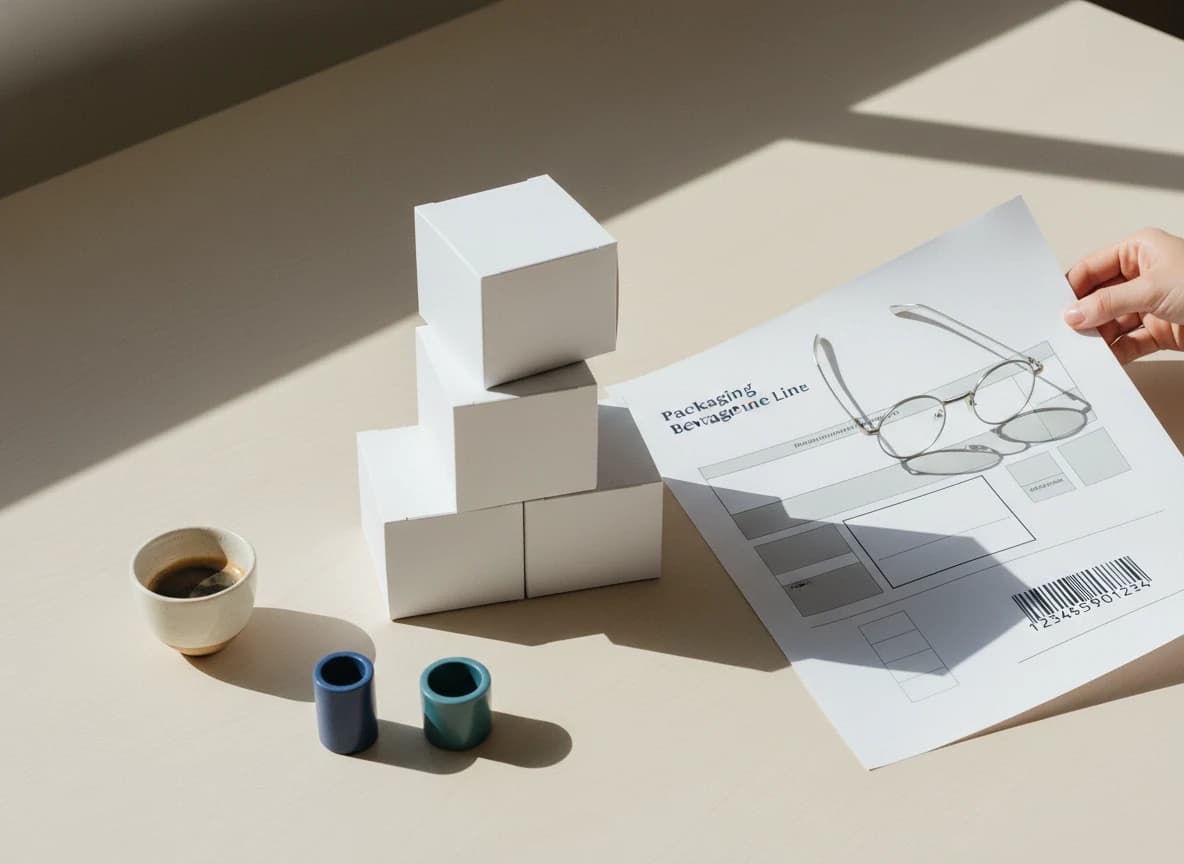 Designer's desk with packaging mockup boxes and a printed artwork sheet showing a 14-digit GTIN