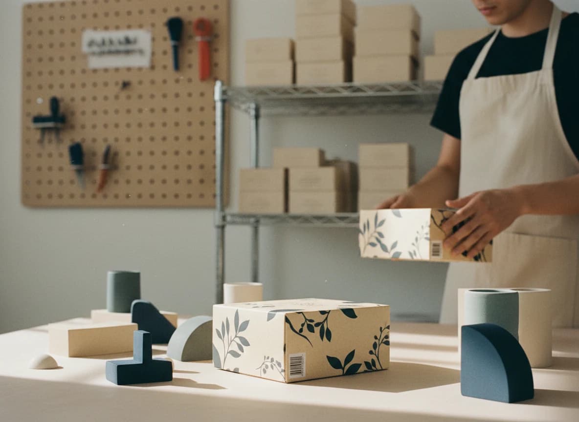 Artisan packaging studio with a finished cream cardboard box of granola showing a small printed 2D barcode