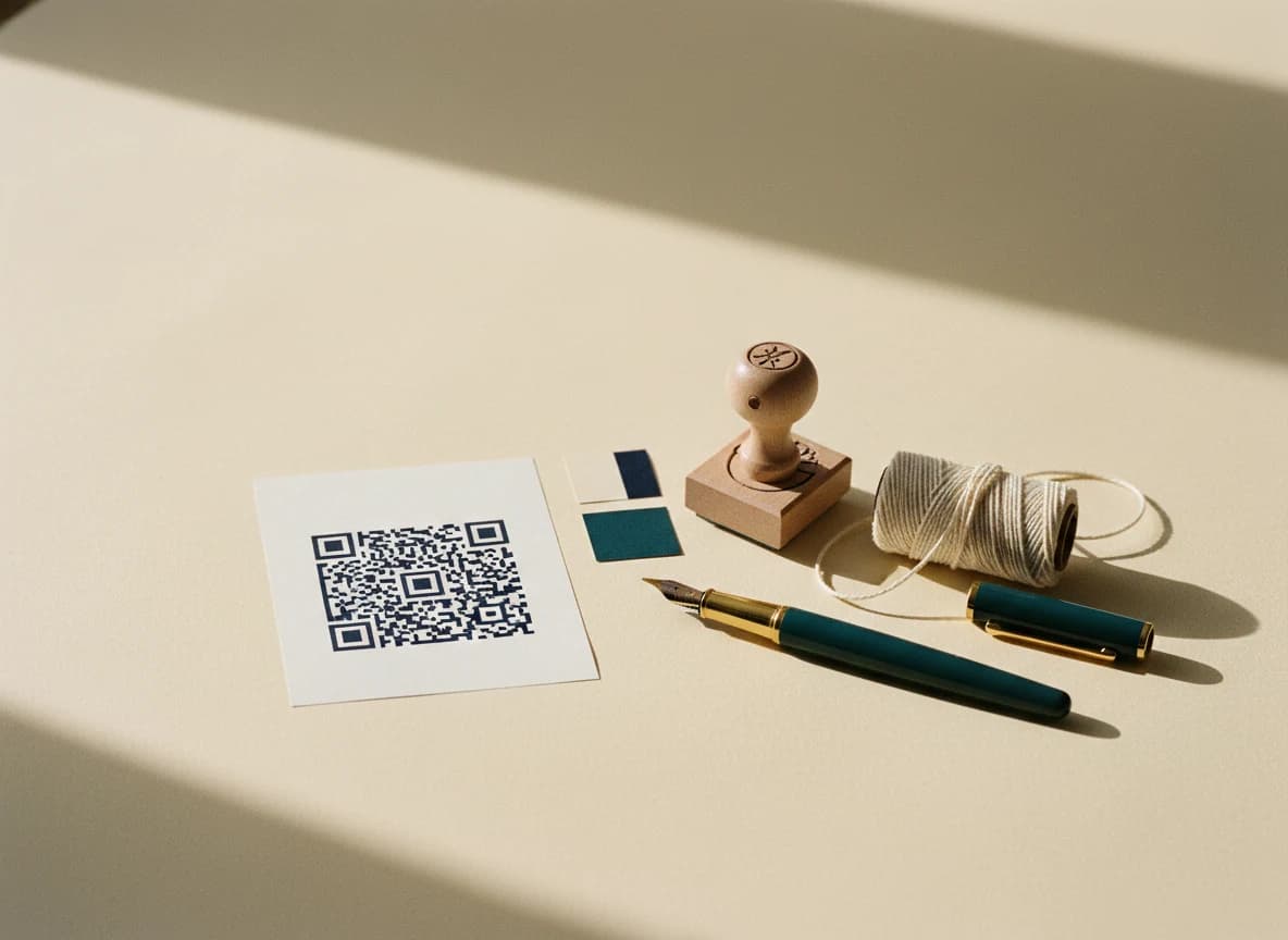 Flat lay of a printed 2D barcode artwork sheet with design swatches, wooden stamp and fountain pen