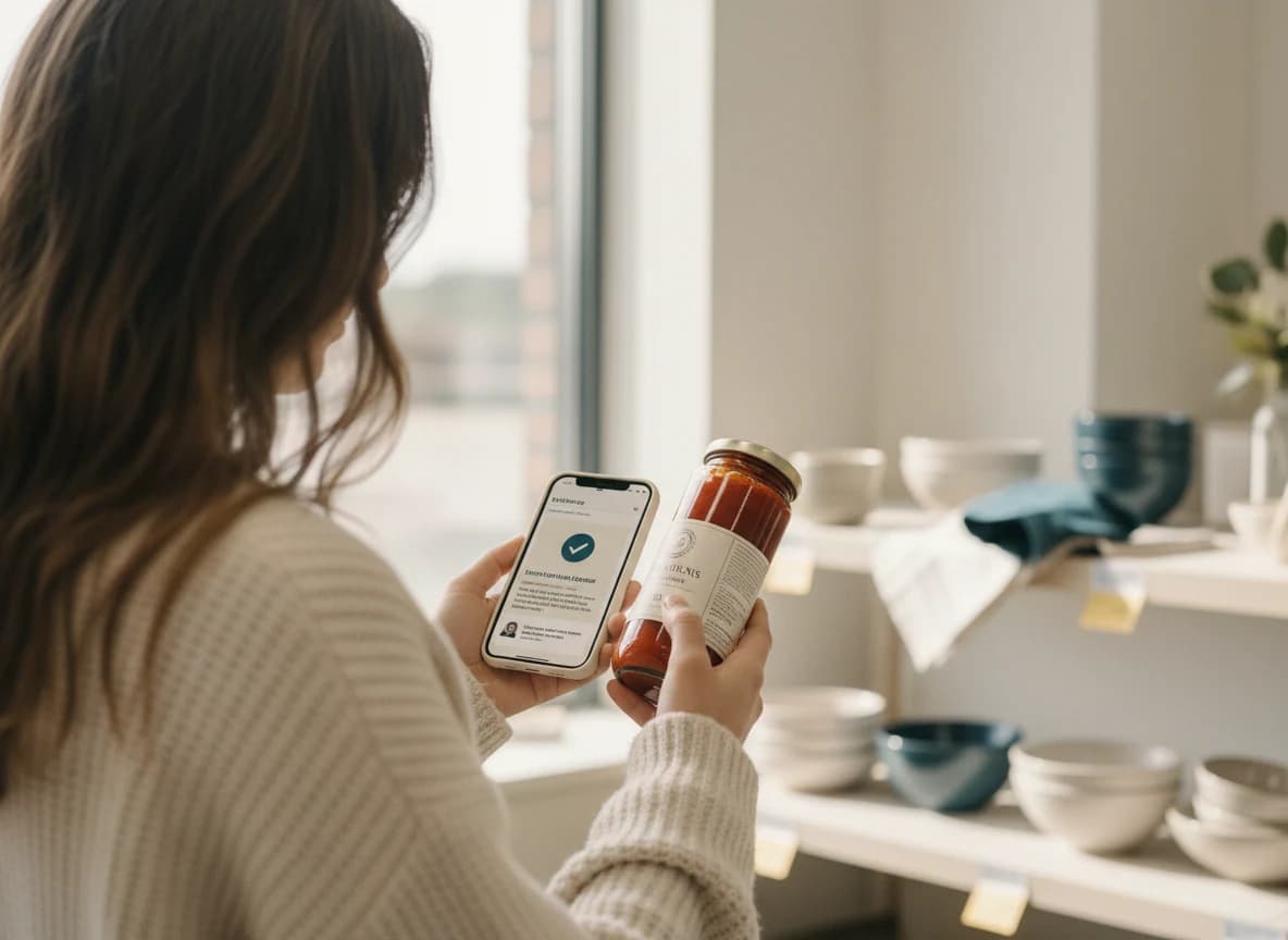 Young woman in cream cardigan scanning a 2D barcode on a glass jar of pasta sauce in a supermarket aisle