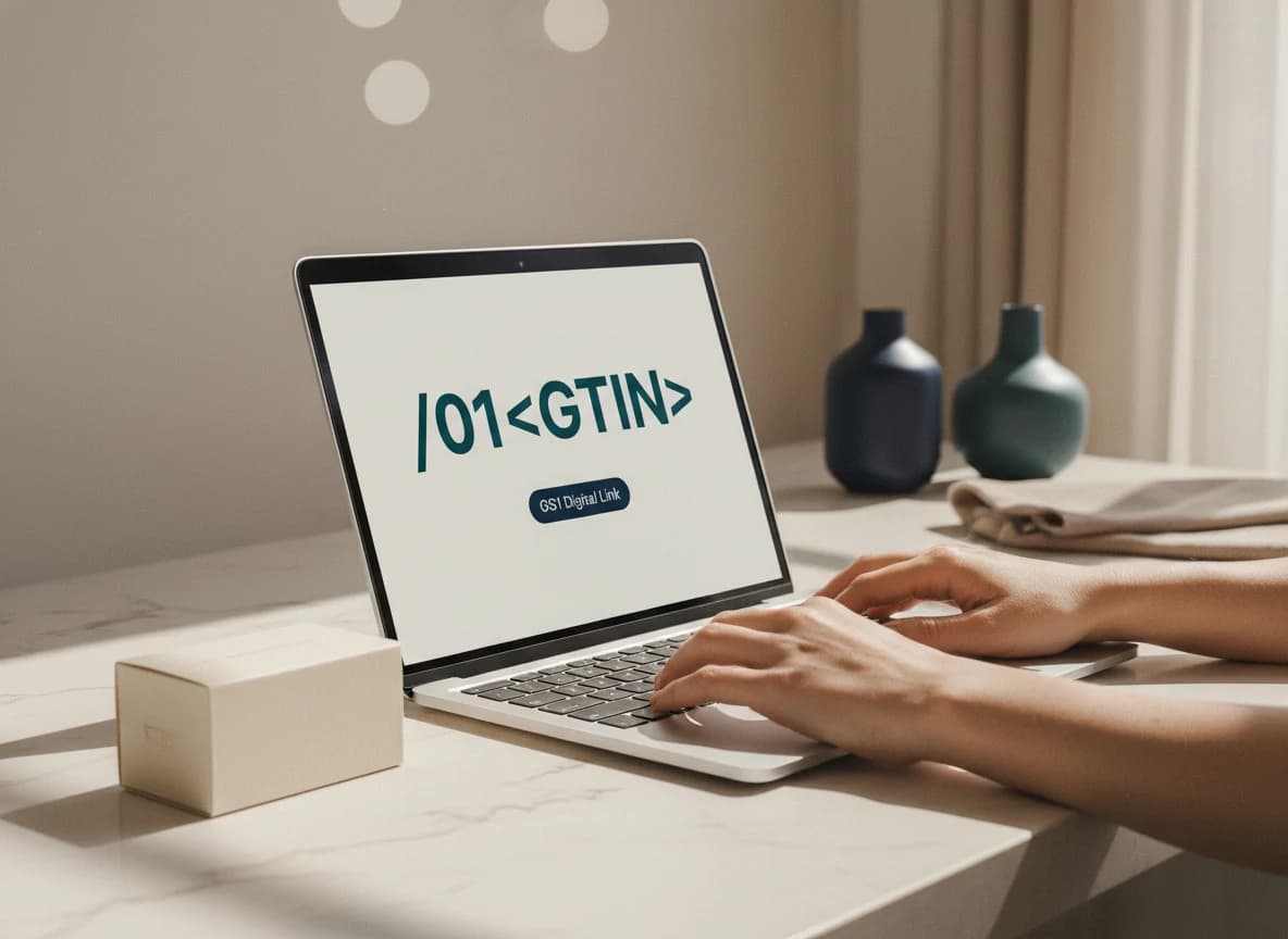 Two hands working at a laptop showing a URL builder mockup for a GS1 Digital Link