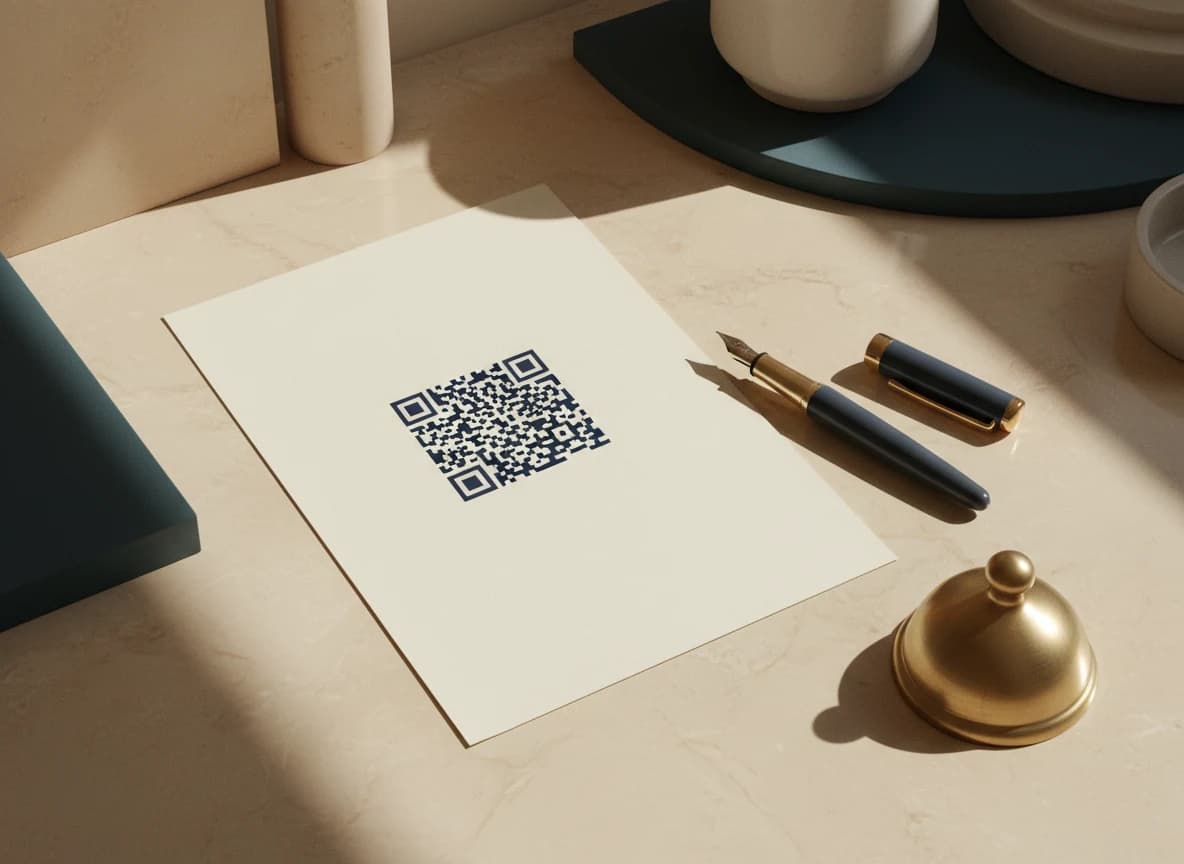 A printed 2D barcode on cream paper with a fountain pen