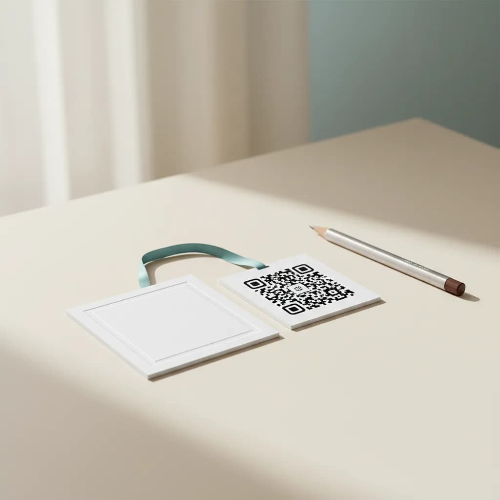 A printed 2D barcode on cream paper with a fountain pen
