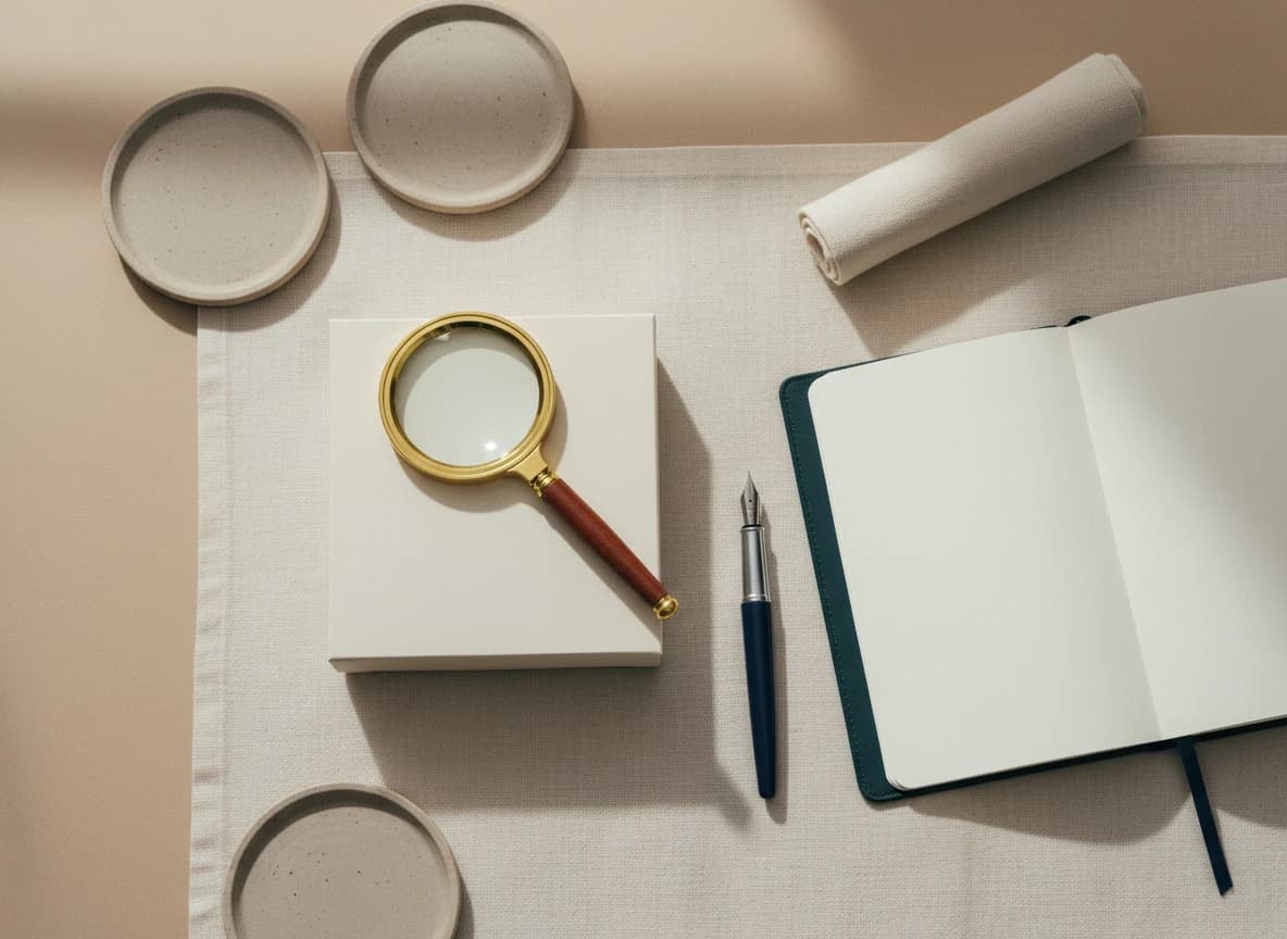 A magnifying glass laid across a blank cream packaging mockup with a leather notebook