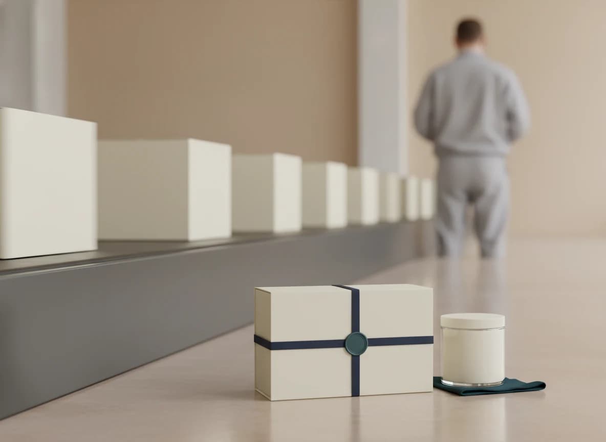 Modern manufacturing assembly line with cream cardboard boxes on a conveyor